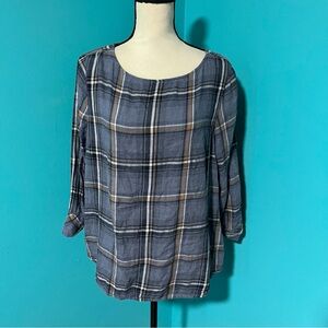 J. Jill L Blue Brown Plaid Lightweight 3/4 Sleeve Boat Neck Top